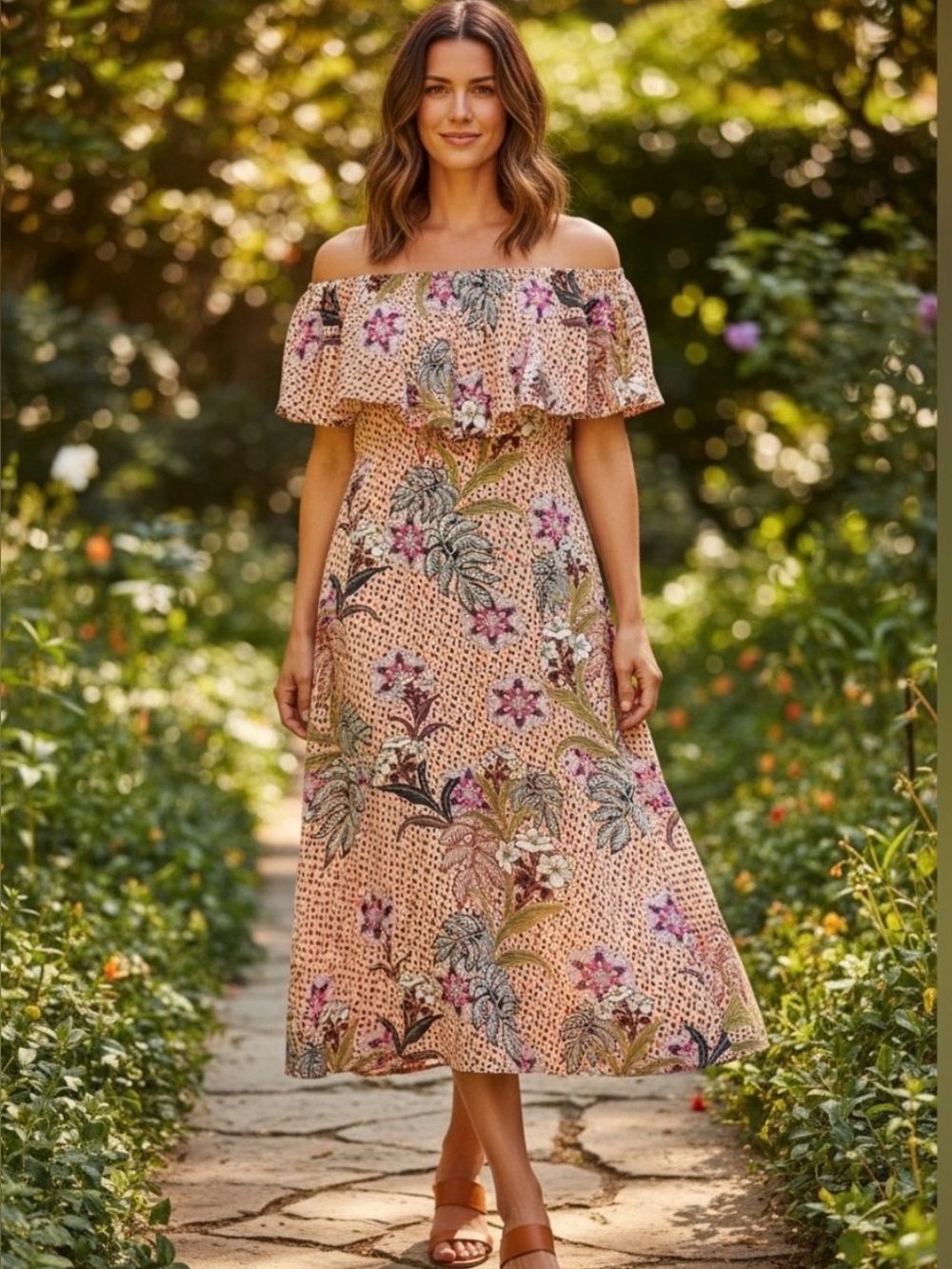 ZARA Peach Floral Off-Shoulder Midi Dress